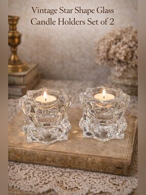 Vintage Clear Glass Star Shape Candle Holders Set of 2